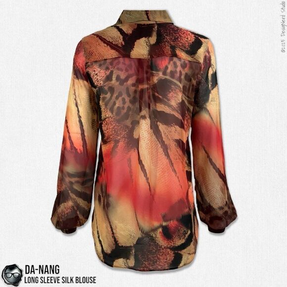 DA-NANG BOHEME SILK BUTTON DOWN LONG SLEEVE BLOUSE IN VINTAGE SUNSET ABSTRACT - Picture 3 of 12
